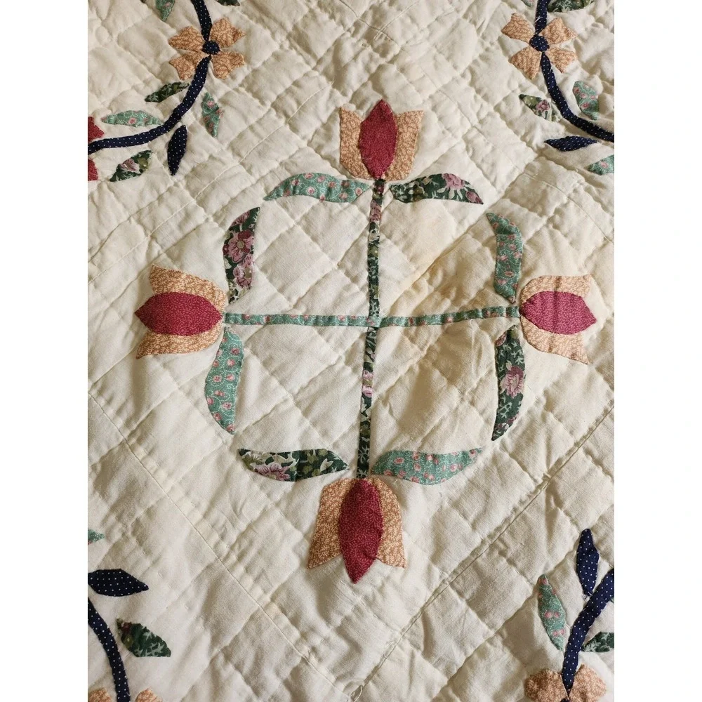 67‎ X 85 Quilt Bows Flowers Squares Rings Blue Green Red Brown Some Stains